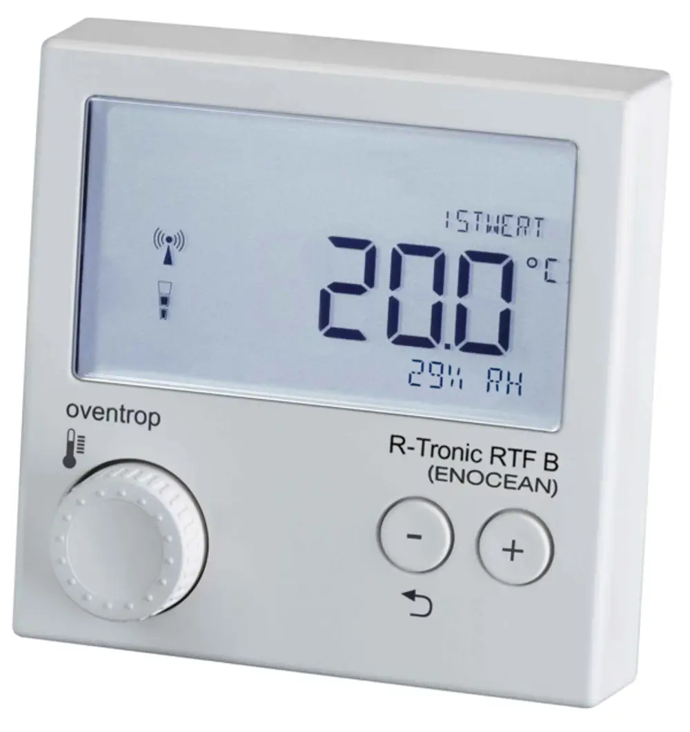 Weißes digitales Thermostat mit großem Display, das 20,0 Grad Celsius und 29 % relative Luftfeuchtigkeit anzeigt. Unten befinden sich ein Drehknopf und Tasten zum Anpassen der Einstellungen.
